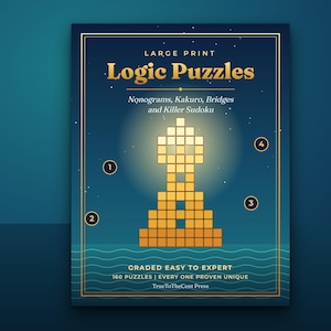 Pode incluir: Uma capa de livro intitulada Large Print Logic Puzzles com Nonograms, Kakuro, Bridges e Killer Sudoku. A capa azul escura exibe um gráfico de torre amarelo brilhante, círculos numerados e o texto Graded Easy to Expert.
