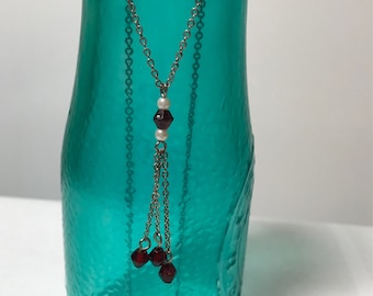 Vintage dainty red beaded drop necklace with silver tone chain