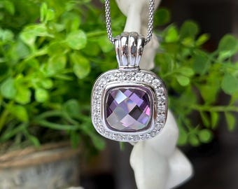 FABULOUS* Vintage large faceted amethyst 925 pendent necklace with fantastic  sterling silver Italian chain