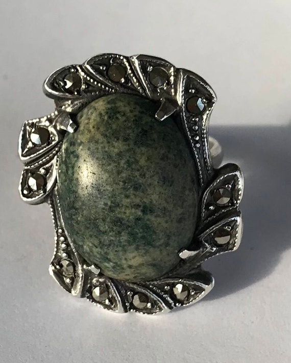 Vintage jasper and Markasite sterling silver ring - image 1