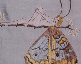 Embroidery pattern. Butterfly Girl. Hand Embroidered Wall Art. Instructions & Pattern Butterfly embroidery. Stumpwork by TAETIA