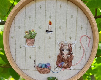 mouse embroidery PDF mama mouse knitting babies in bed by Taetia hoop art INSTANT DOWNLOAD