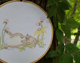 Hand Embroidery. Bunny rabbit children hoop art pattern. Embroidery pattern.