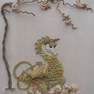 Hand Embroidered Dragon and Roses Hand Embroidery Wall Art PDF Instructions & Pattern Dragon design by TAETIA