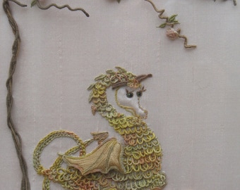 Hand Embroidered Dragon and Roses Hand Embroidery Wall Art PDF Instructions & Pattern Dragon design by TAETIA