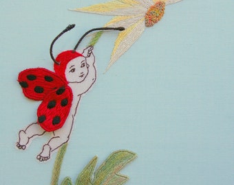 Stumpwork Ladybug Baby Hand Embroidery PDF Pattern & Instructions--nursery decor--hand embroidered needlework