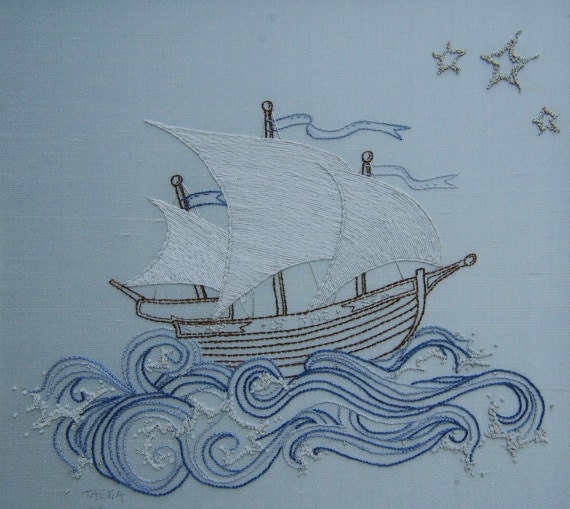 海賊船の手刺繍パターン。刺繍の手順とパターン。船の海のデザイン