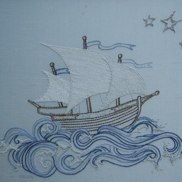 Modello di ricamo a mano per nave pirata. Istruzioni e modello per ricamo. Disegno di nave e mare. Di TAETIA Digital Download