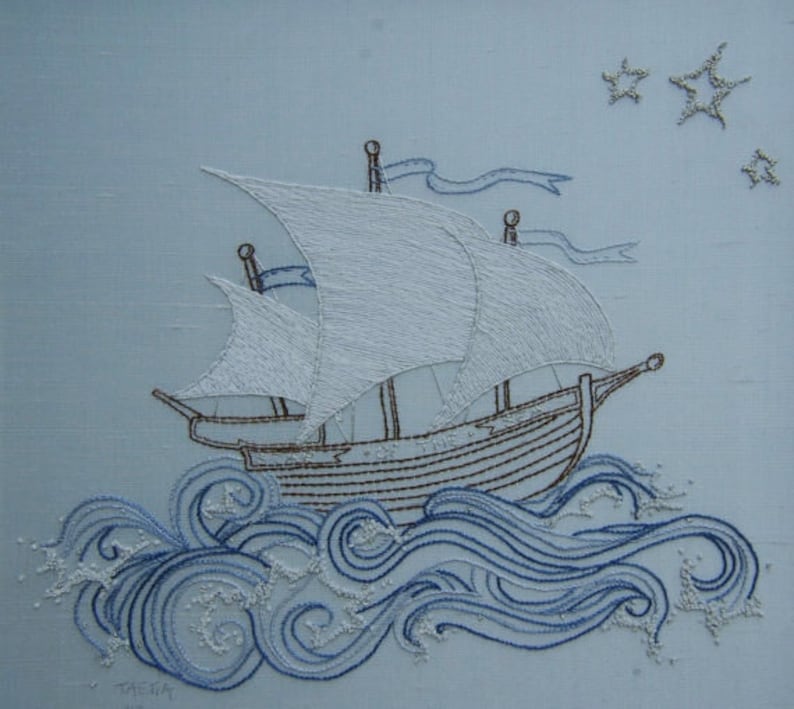 Hand Embroidery pattern pirate ship. Embroidery instructions & pattern. ship sea design. By TAETIA image 1