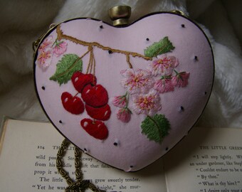 Hand Embroidery pattern Purse heart shape cherries blossoms hand embroidery instructions PDF