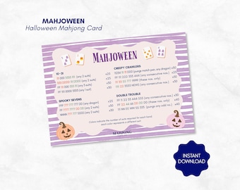 May include: A rectangular Mahjoween Halloween Mahjong card with a purple and white striped background. The card features game rules, point values, and illustrations of two jack-o'-lanterns. Text includes Mahjoween, Creepy Crawlers, and Spooky Sevens.
