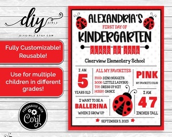 Digital Lady Bug Back-to-School Sign | First Day or Last Day | Fully Editable | Lady Bug | Girl