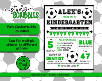 Editable First Day of School Sign, Soccer All About Me Chalkboard Photo Prop, Sports Stats Sign for Boys, Corjl Template, Instant Download