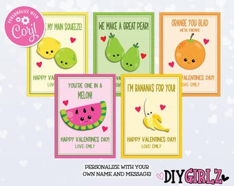 Kawaii kartki walentynkowe z owocami dla dzieci, walentynki do druku do klasy, edytowalne słodkie kartki z kalamburami o owocach, natychmiastowe pobieranie Corjl