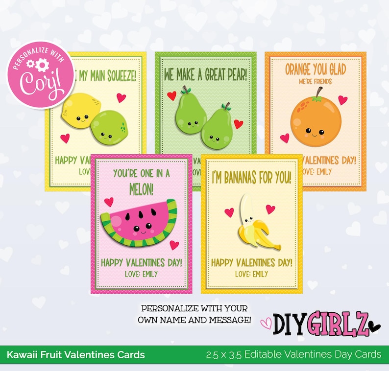 Kawaii Fruit Valentine Cards for Kids