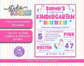 Editable First Day of School Sign, Pink Unicorn All About Me Photo Prop, Girl Stats Sign Any Grade, Corjl Template, Instant Download