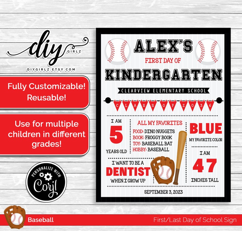 Digital Baseball Back-to-School Sign First Day or Last Day Fully Editable Baseball Girl or Boy image 1