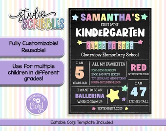 Editable First Day of School Sign, Pastel Stars Chalkboard All About Me Prop, Stats Sign Any Grade, Corjl Template, Instant Download