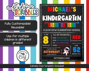 Editable First Day of School Sign, Rainbow Chalkboard All About Me Photo Prop, Stats Sign Any Grade, Corjl Template, Instant Download