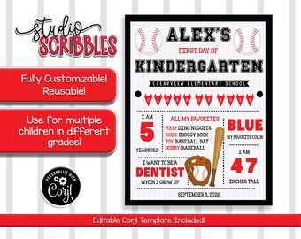 Editable First Day of School Sign, Baseball All About Me Chalkboard Photo Prop, Sports Stats Sign for Boys, Corjl Template, Instant Download