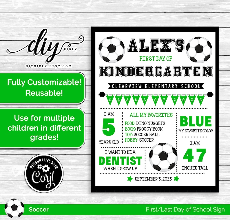 Digital Soccer Back-to-School Sign First Day or Last Day Fully Editable Baseball Girl or Boy image 1