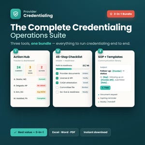 Könnte beinhalten: Eine digitale Grafik für ein 3-in-1-Paket zur Anbieter-Akkreditierung. Sie zeigt drei weiße Karten: einen Action Hub mit Anbieterstatus, eine 46-Schritte-Checkliste und eine SOP-Vorlagenbibliothek. Der Hintergrund ist dunkelblaugrün.