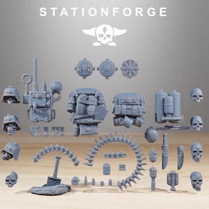 May include: A collection of grey resin miniature parts including four skull-faced helmets, a radio backpack, two gear packs, a shovel, ammunition belts, grenades, knives, and individual skulls, all labelled with the text STATIONFORGE at the top.