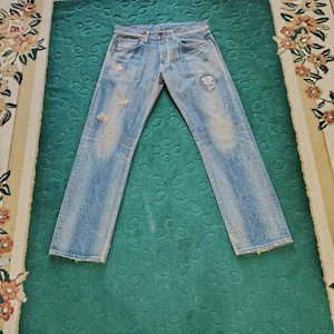 EDWIN 504 Denim Jeanshose mit Farbspritzer-Textur, Totenkopf-Logo, Punk-Stil, Japan W36