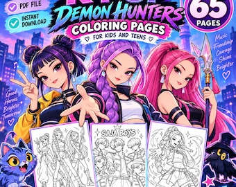 65 páginas para colorir de Caçadores de Demônios do K-Pop para crianças e adolescentes, livro de colorir K-Pop, PDF para imprimir, PNG