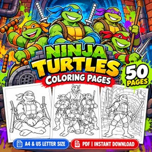 Op de afbeelding: Een digitale kleurboekomslag met de vier Ninja Turtles met hun kenmerkende maskers en wapens. De tekst luidt Ninja Turtles Coloring Pages 50 Pages. Hieronder staan drie zwart-wit kleurplaten als voorbeelden.