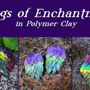 May include: Three pairs of colorful polymer clay earrings shaped like wings. Each pair features a gradient of green, purple, and yellow.