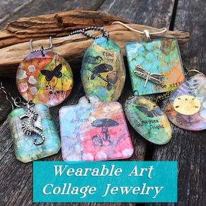 May include: A collection of colourful resin pendants with mixed media collage designs. The pendants feature various images and text, including a dragonfly, a mushroom, a seahorse, and birds. The pendants are strung on chains and are ready to be worn as jewellery.