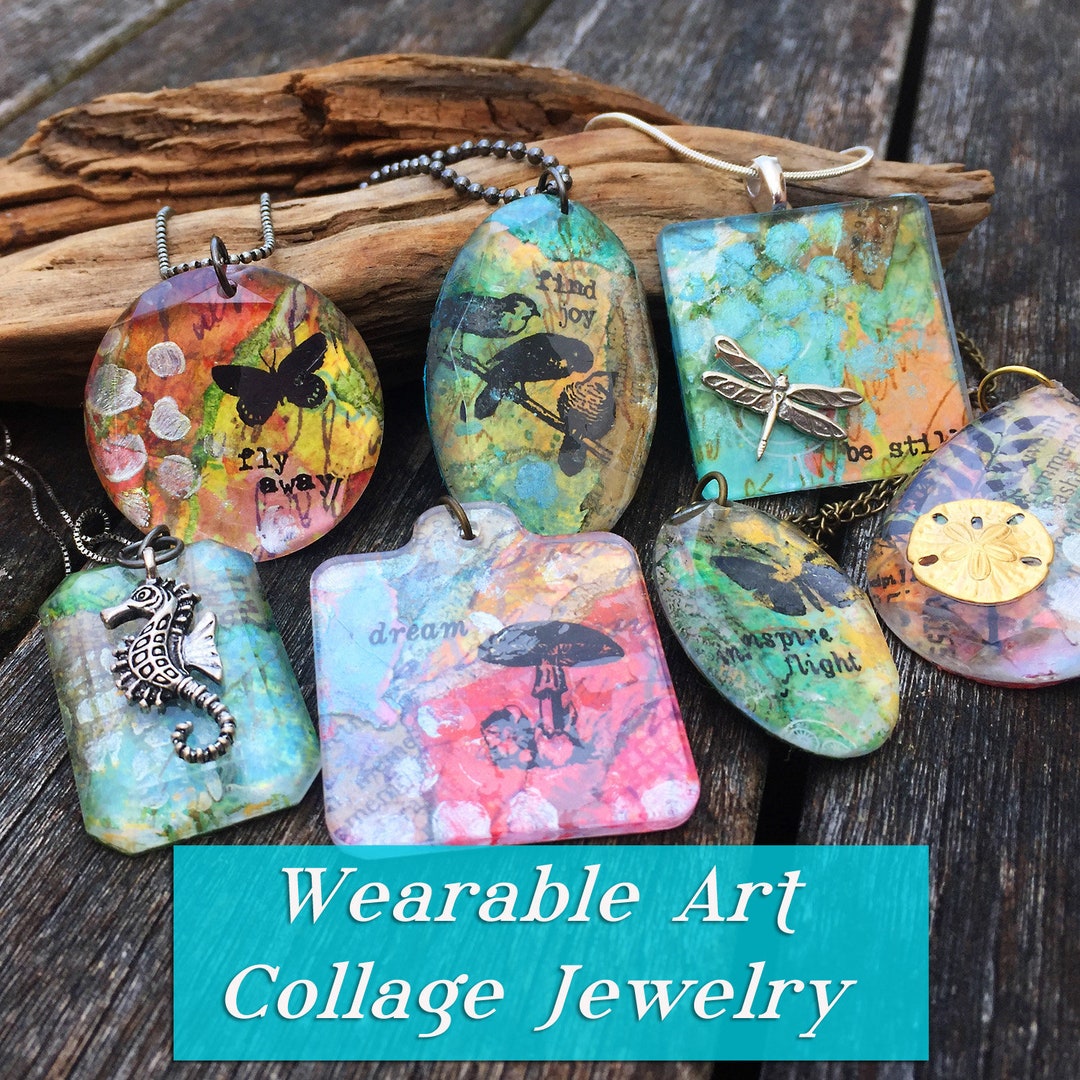 Mixed Media Paper Collage in Wearable Art Jewelry-downloadable VIDEO  Tutorial