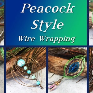 May include: Peacock style wire wrapped earrings with blue and green beads. The earrings are displayed on a wooden surface and a background of peacock feathers.