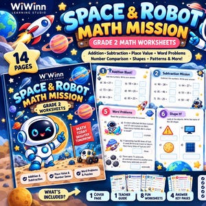 Può includere: Un set di 14 schede didattiche di matematica per la seconda elementare a tema spazio e robot, con esercizi di addizione, sottrazione, valore posizionale, problemi, confronto tra numeri, forme e schemi con un robot e un razzo.