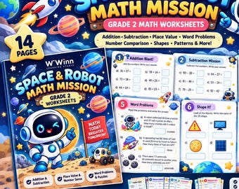 Op de afbeelding: Een Space and Robot Math Mission werkbladenset voor groep 4 met 14 pagina's over optellen, aftrekken, getalbegrip, sommen, vergelijken, vormen en patronen, voorzien van illustraties van een robot, een raket en planeten.