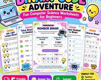 Op de afbeelding: Een set van vijf printbare educatieve werkbladen getiteld Binary Code Adventure met kleurrijke cartoonafbeeldingen van laptops, gloeilampen en robots. De pagina's bevatten oefeningen over binaire getallen, decimale conversies en logische puzzels met tekst in het Maleis.