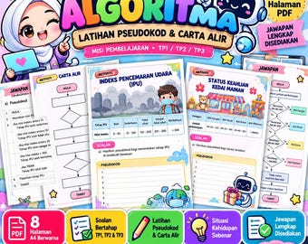 Op de afbeelding: Een 8-pagina tellende digitale PDF-werkbladenset voor informatica-leerlingen met kleurrijke cartoonillustraties, stroomdiagrammen, pseudocode-oefeningen en antwoordsleutels over onderwerpen zoals luchtkwaliteit en winkelstatus.