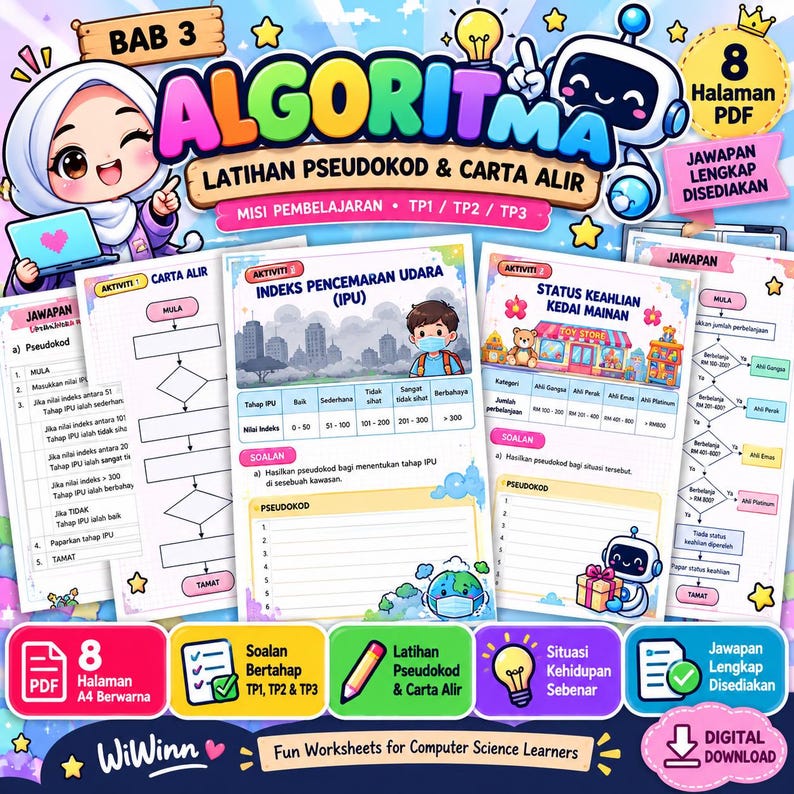 Pu&ograve; includere: Un set di 8 fogli di lavoro digitali in PDF per studenti di informatica con illustrazioni a cartoni animati, diagrammi di flusso, esercizi di pseudocodice e chiavi di risposta su indici di qualit&agrave; dell'aria e negozi di giocattoli.