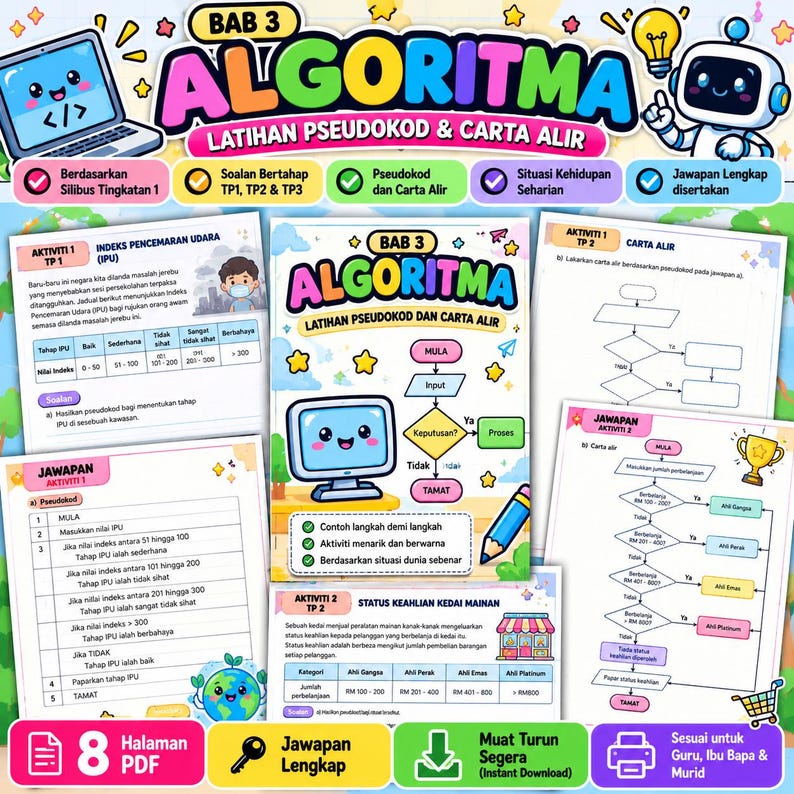 Pu&ograve; includere: Un documento PDF educativo intitolato BAB 3 ALGORITMA LATIHAN PSEUDOKOD & CARTA ALIR, con grafiche colorate di un computer, un robot e una matita. Le pagine contengono diagrammi di flusso, esercizi di pseudocodice e tabelle.