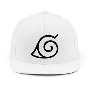 May include: A white baseball cap featuring a black embroidered spiral leaf symbol centred on the front panel. The cap has a structured crown, a flat brim, and a button on the top centre, providing a clean and simple design for headwear.