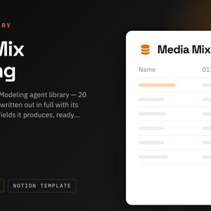 Könnte beinhalten: Eine digitale Benutzeroberfläche für eine Media Mix Modeling Agentenbibliothek mit einer weißen Karte, einem Datenbank-Symbol und dem Text Media Mix Modeling. Der dunkle Hintergrund zeigt den Titel Agent Library, 20 column prompts und Notion template.