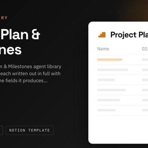 May include: A digital interface for a Project Plan & Milestones agent library. The text reads Agent Library, Project Plan & Milestones, 11 column prompts, Notion template, and 01: Project Charter. It features a white table on a dark background.
