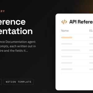 May include: A digital interface display titled API Reference Documentation, featuring an agent library with 11 column prompts. The layout includes a white card showing a list with the header 01: API Surface Inventory and code bracket icons.