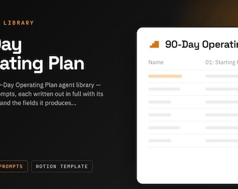 Puede incluir: Una plantilla digital titulada 90-Day Operating Plan con fondo negro y texto blanco. Incluye un encabezado Agent Library, una descripción de 10 prompts de columna y una tarjeta de interfaz blanca que muestra una tabla con el título 90-Day Operating Plan.