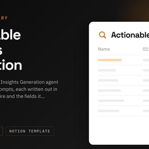 May include: A digital interface display featuring the text Agent Library, Actionable Insights Generation, and a description of an 11 column prompt library. A white card shows a search bar with Actionable Insights and a table with Decision Context.