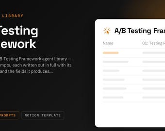 Puede incluir: Una interfaz digital para una biblioteca de agentes A/B Testing Framework. El texto dice Agent Library, A/B Testing Framework, e incluye una tabla con los encabezados A/B Testing Framework, Name, y 01: Testing Readiness. Contiene 12 column prompts.