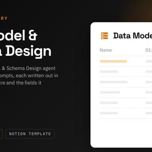 Könnte beinhalten: Eine digitale Grafik mit dem Text Agent Library, Data Model & Schema Design und einer Liste mit dem Titel Data Model & Schema. Die Grafik enthält den Text 11 Column Prompts und Notion Template sowie eine weiße Oberfläche mit Tabellenstruktur.