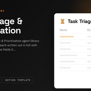 Peut inclure: Une interface numérique intitulée Agent Library Task Triage & Prioritization. Elle présente une carte blanche avec une icône de sablier orange, le texte Task Triage & Prioritization, et une liste intitulée Name et 01: Intake Channel Map.