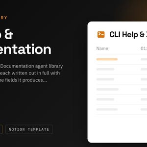 May include: A digital interface for a CLI Help & Documentation agent library. The dark background features white text reading CLI Help & Documentation and 11 column prompts. A white window displays a list with the title CLI Help & Documentation.